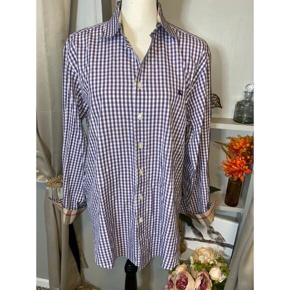 Burberry Brit EUC size Large 100% Cotton Men’s Purple White Checkered Shirt - Picture 1 of 12